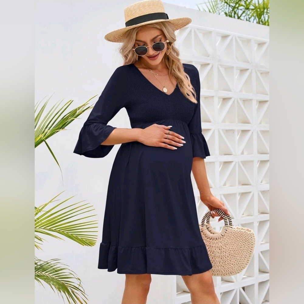 New with tag! Coolmee Womens XL flutter sleeve smocked maternity dress navy blue